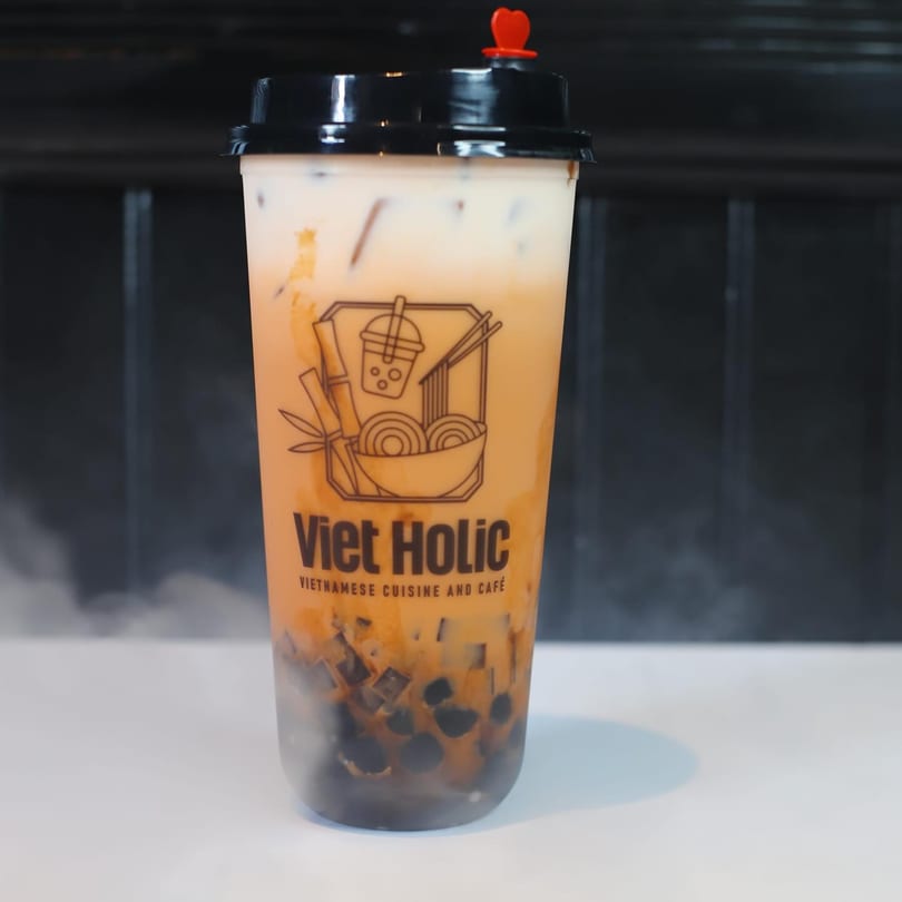 Viet Holic Vietnamese Cuisine and Cafe's bubble tea with a red heart straw stopper.