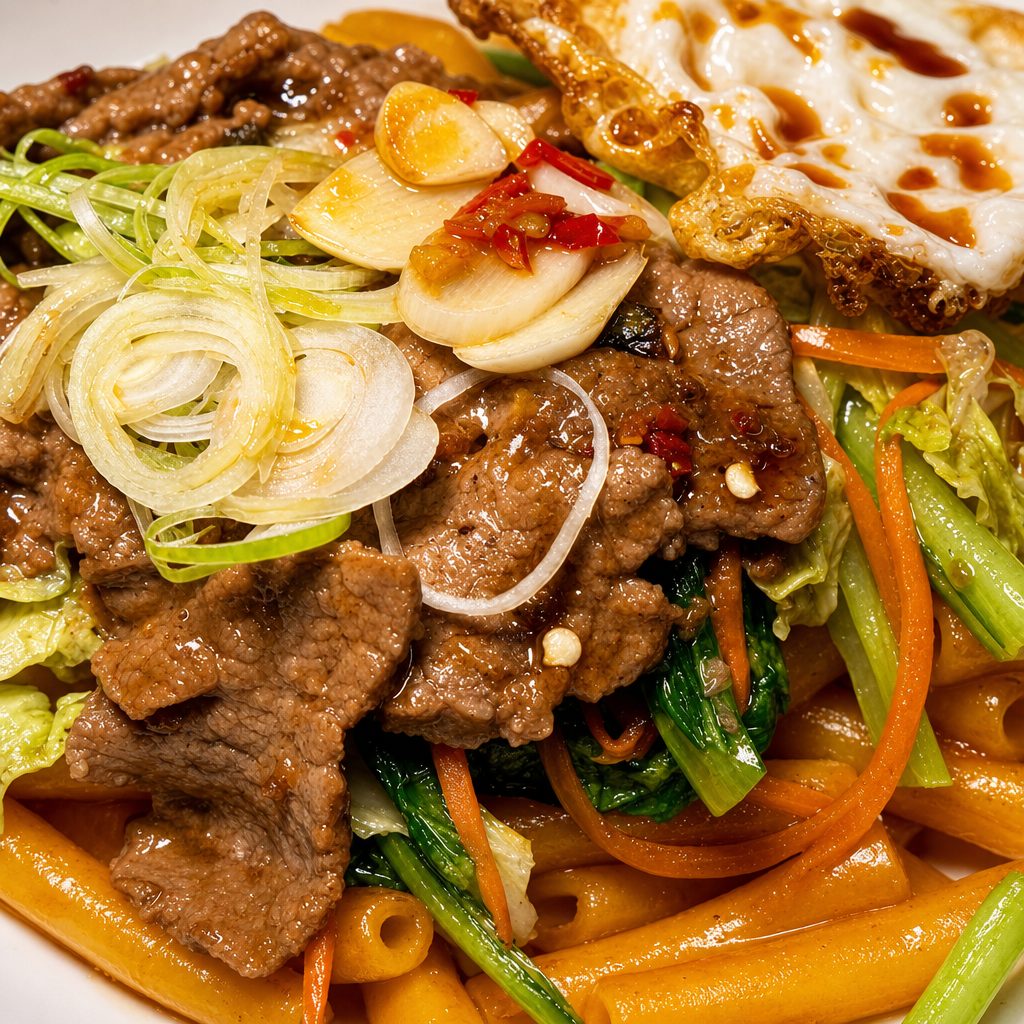 S3 NUI XÀO BÒ / STIR-FRIED MACARONI WITH BEEF.