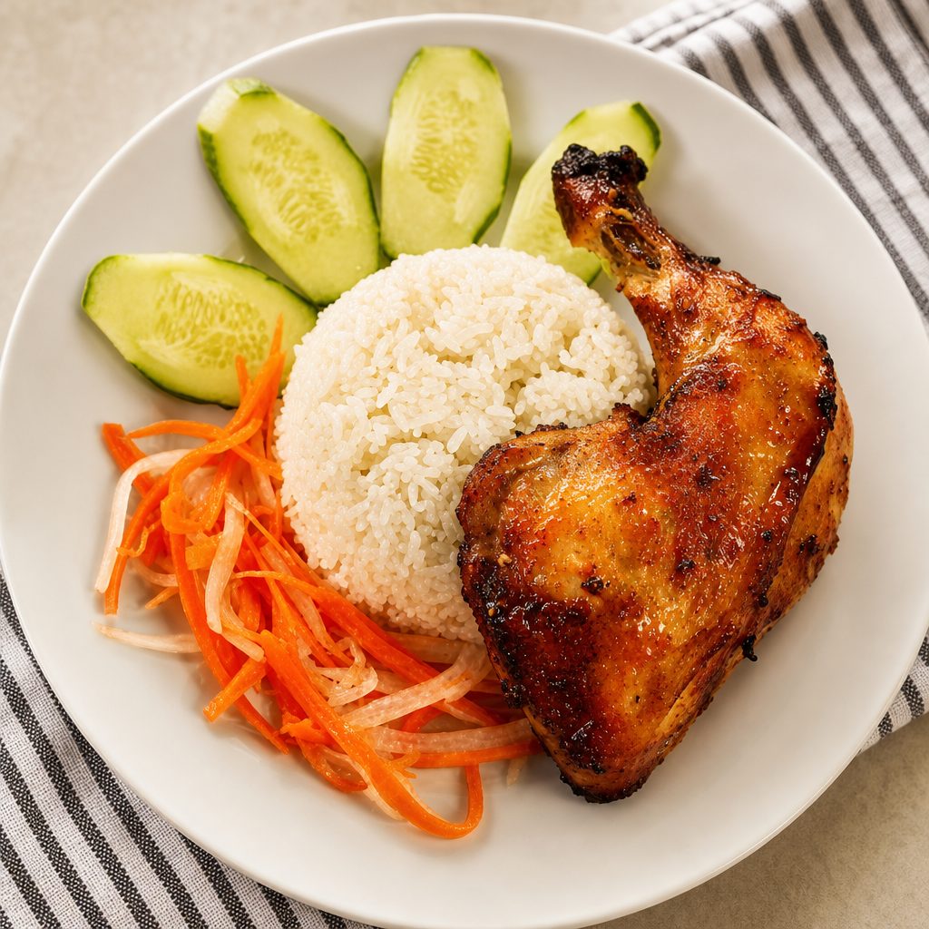 30A BROKEN RICE WITH GRILLED CHICKEN QUARTER LEG.