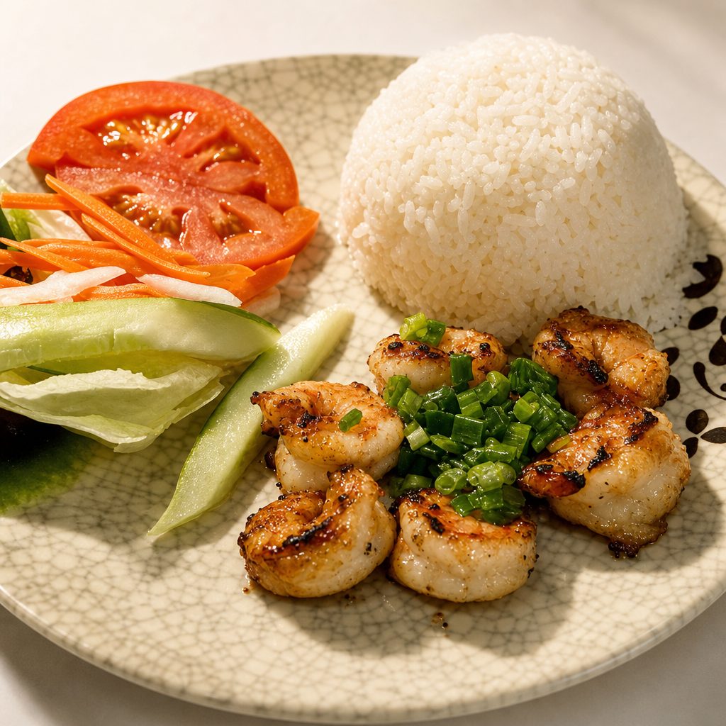 29 Broken Rice with Grilled Shrimp.