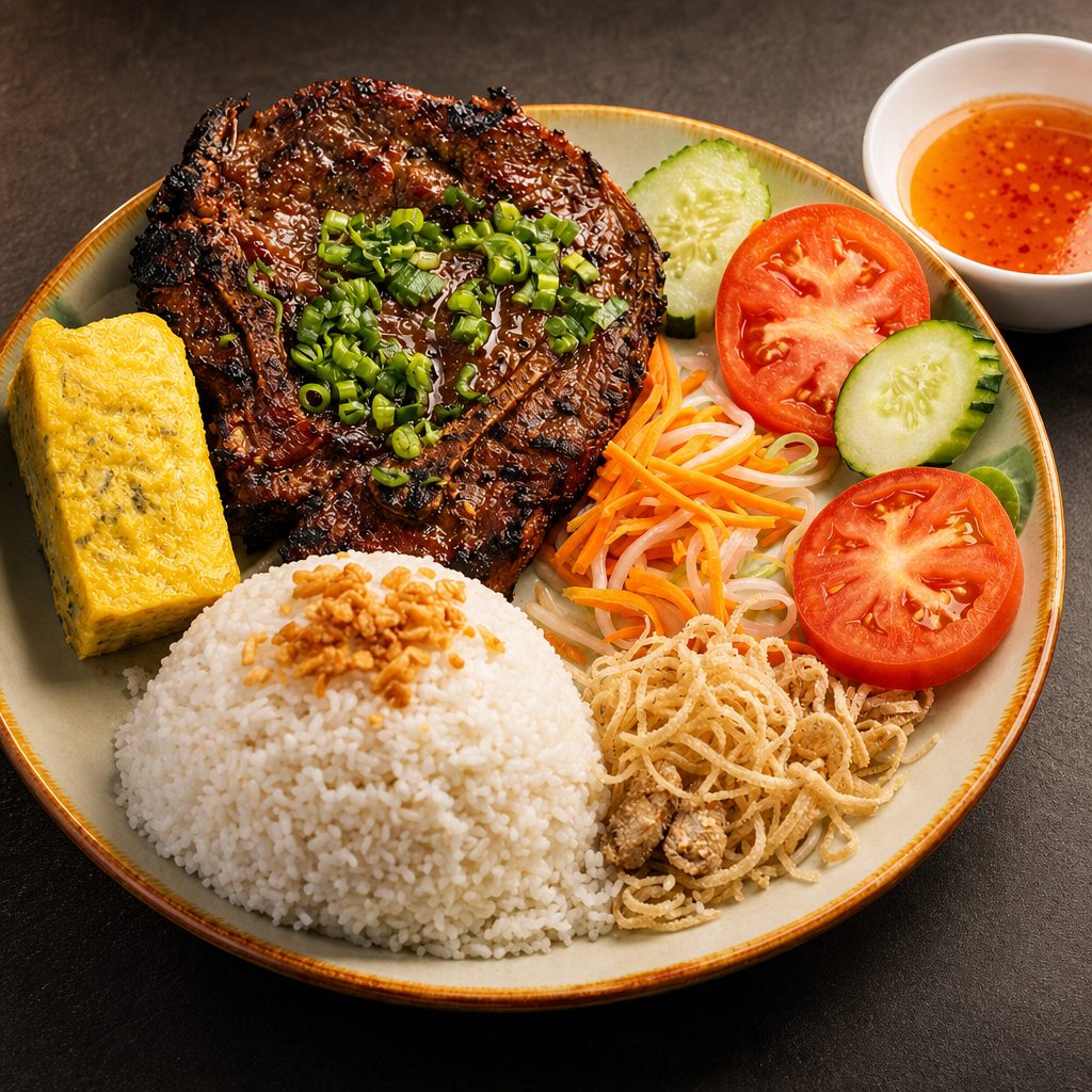 26 Broken Rice with Grilled Pork Chop, Shredded Pork & Egg Meatloaf.