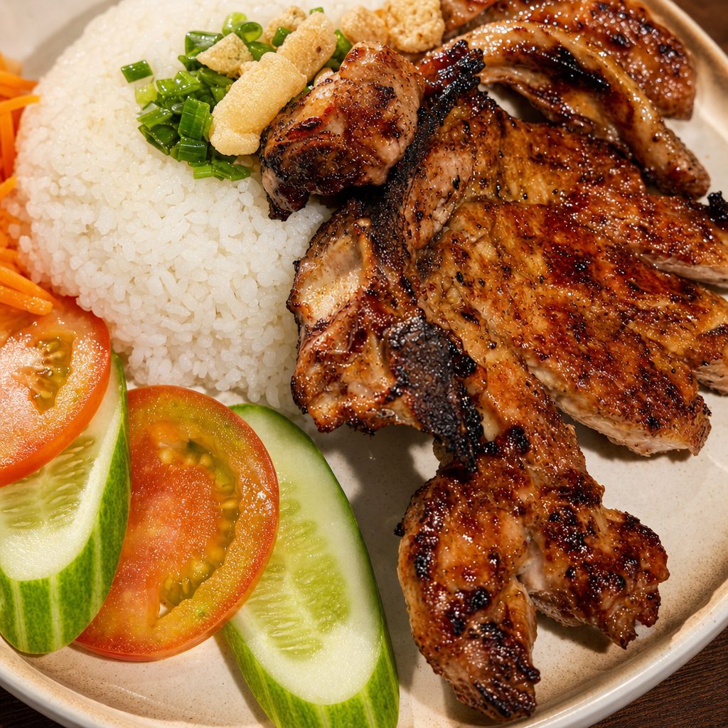 27 Broken Rice with Grilled Pork Chop & Egg Meatloaf.